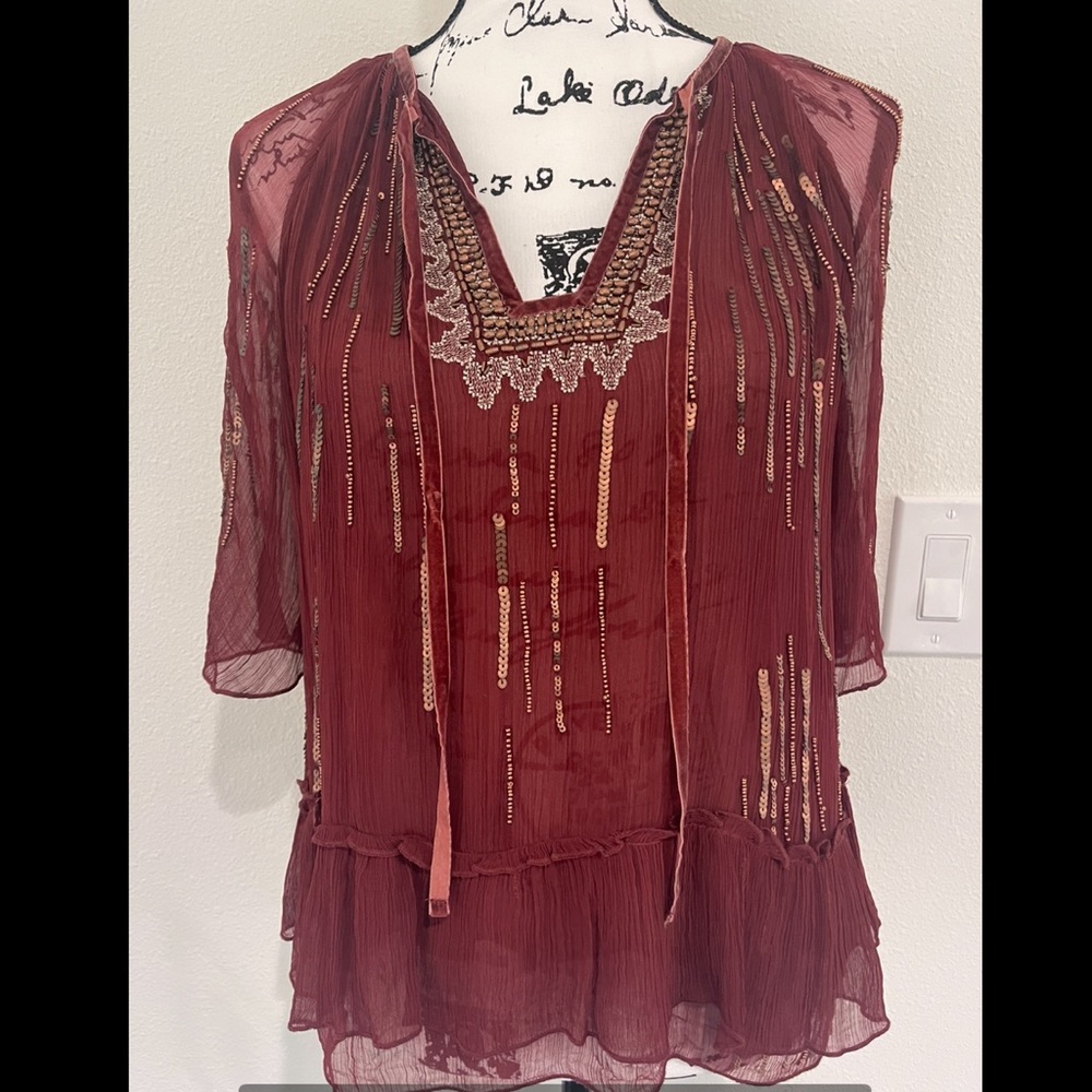 Anthropologie Floreat with Sequins Burgundy blouse Size XS